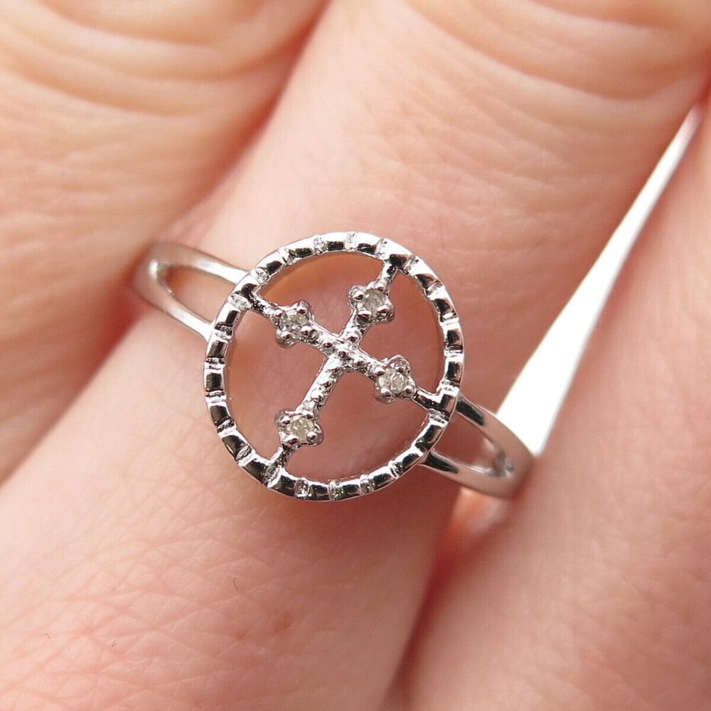 925 Sterling Silver Real Round-Cut Diamond Cross Ring Size 7